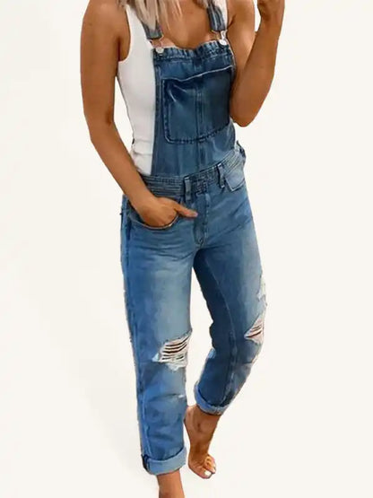 Double shoulder suspenders ripped denim jumpsuit women’s casual | AE&GStor