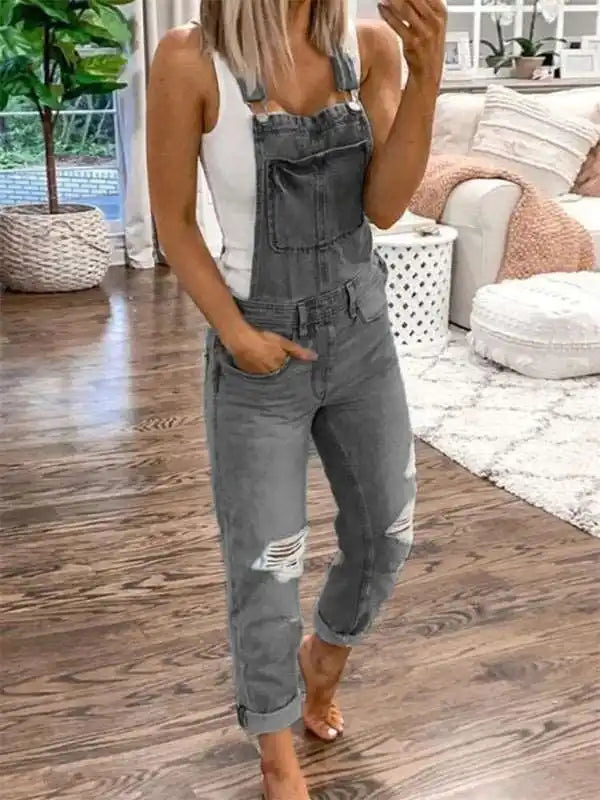 Double shoulder suspenders ripped denim jumpsuit women’s casual | AE&GStor