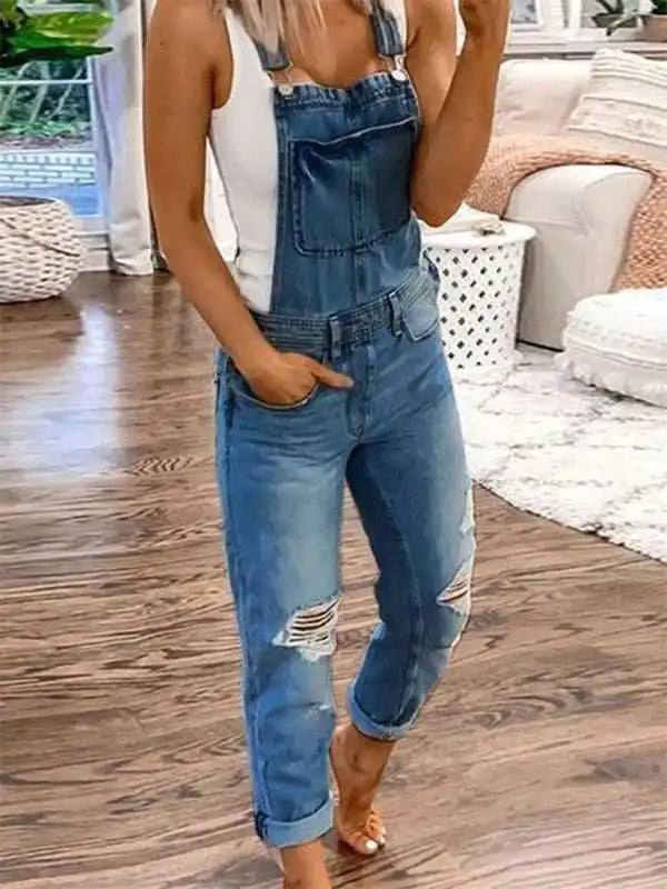 Double shoulder suspenders ripped denim jumpsuit women’s casual | AE&GStor