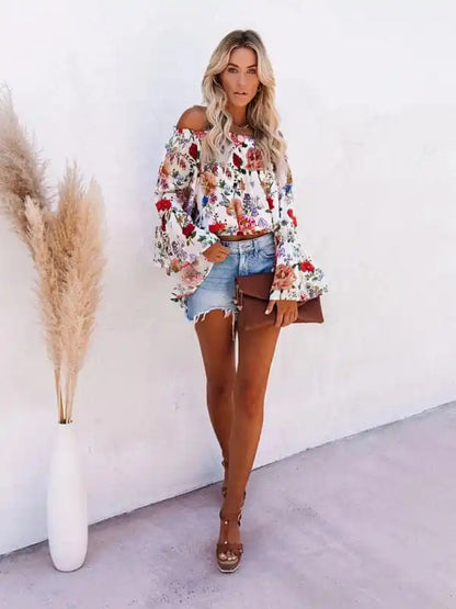 New print one-shoulder bell sleeve high waist all-match top | AE&GStor