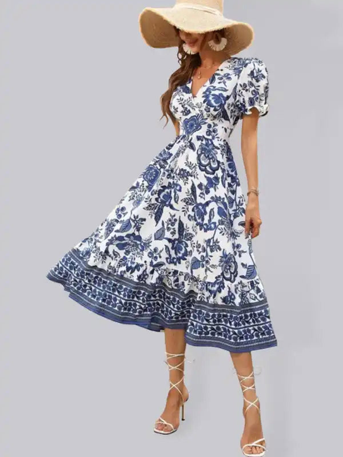 All-over positioning print printed puff-sleeved maxi-neck dress | AE&GStor