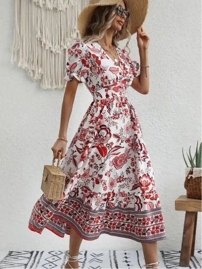 All-over positioning print printed puff-sleeved maxi-neck dress | AE&GStor