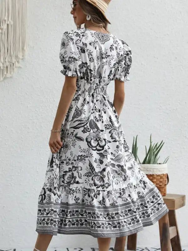 All-over positioning print printed puff-sleeved maxi-neck dress | AE&GStor