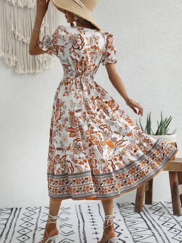 All-over positioning print printed puff-sleeved maxi-neck dress | AE&GStor