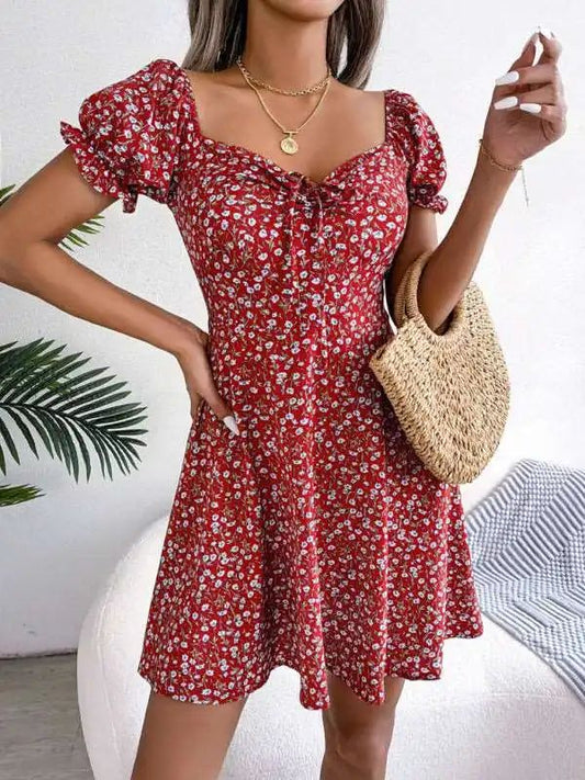 Casual Bell Sleeve Drawstring Tie Floral Swing Dress -  AE&Gstor - 