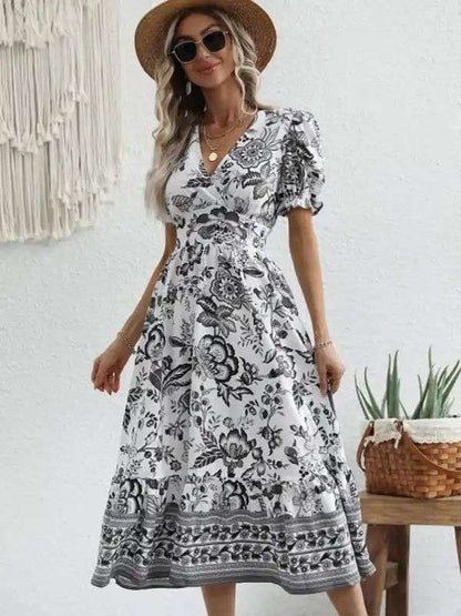 All-over positioning print printed puff-sleeved maxi-neck dress | AE&GStor