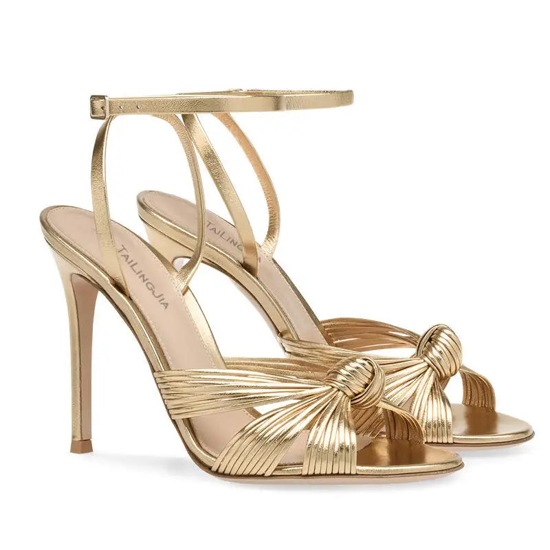 Sandálias femininas de salto alto fino grande dourado claro pu fashion