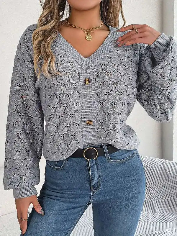 Casual V-neck buttoned hollow lantern sleeve pullover sweater | AE&GStor