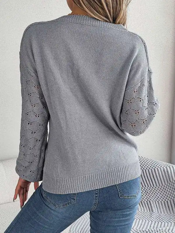 Casual V-neck buttoned hollow lantern sleeve pullover sweater | AE&GStor