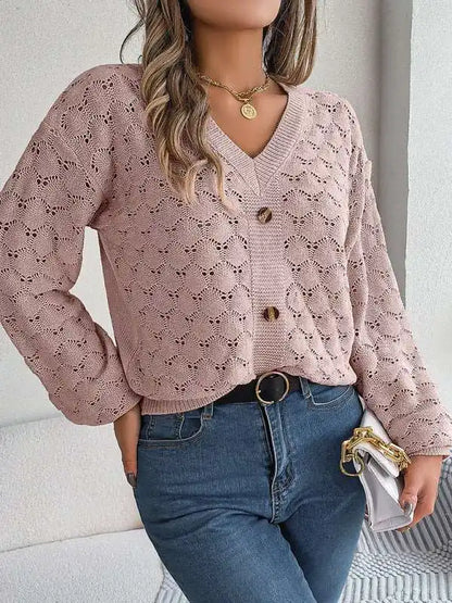 Casual V-neck buttoned hollow lantern sleeve pullover sweater | AE&GStor