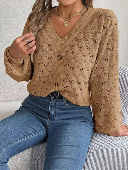 Casual V-neck buttoned hollow lantern sleeve pullover sweater | AE&GStor