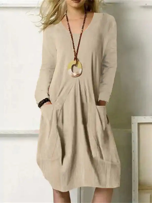 Cotton Linen Loose Casual Long Dress Solid Color Pocket Dress | AE&GStor