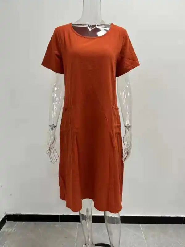 Cotton Linen Solid Color Loose Round Neck Short Sleeve Dress | AE&GStor