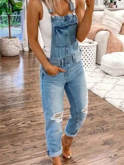 Double shoulder suspenders ripped denim jumpsuit women’s casual | AE&GStor