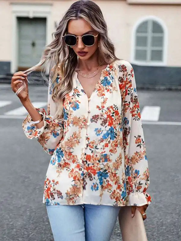 Elegant floral print shirt with V-neck buttons blouse | AE&GStor