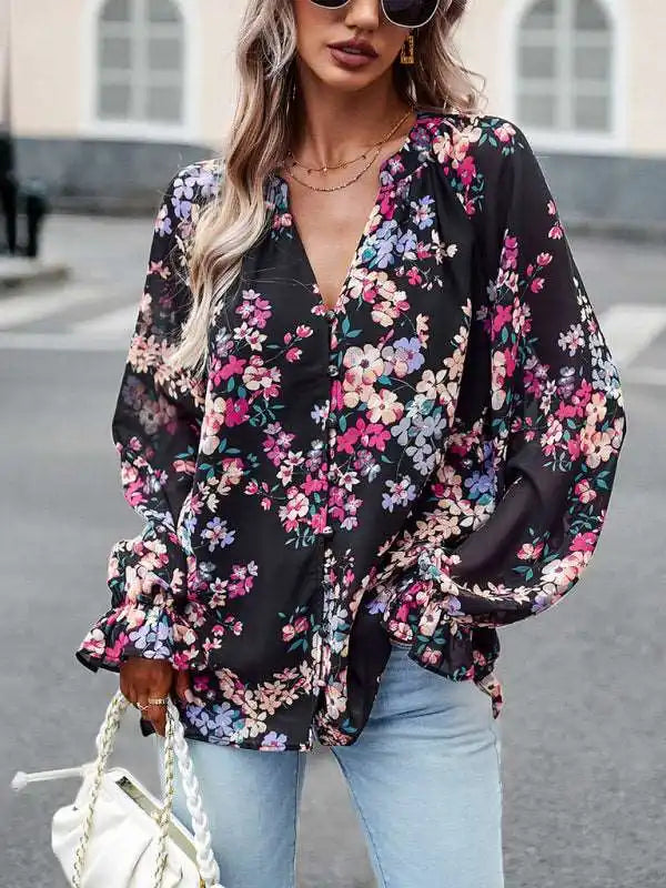 Elegant floral print shirt with V-neck buttons blouse | AE&GStor