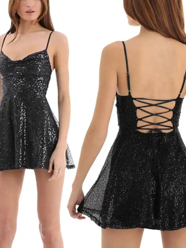 Fashionable and sexy suspender sequined bow contrast dress | AE&GStor