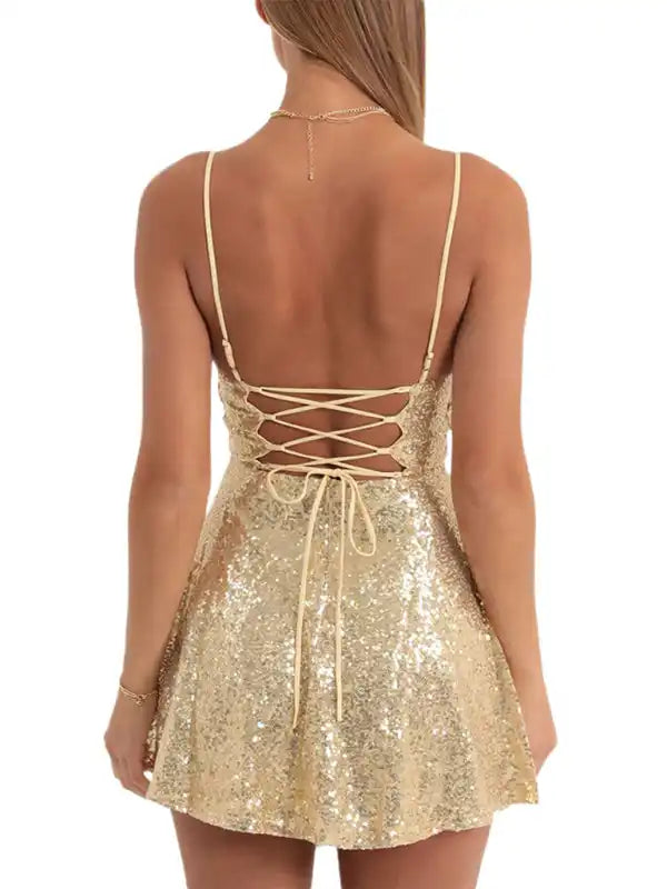 Fashionable and sexy suspender sequined bow contrast dress | AE&GStor