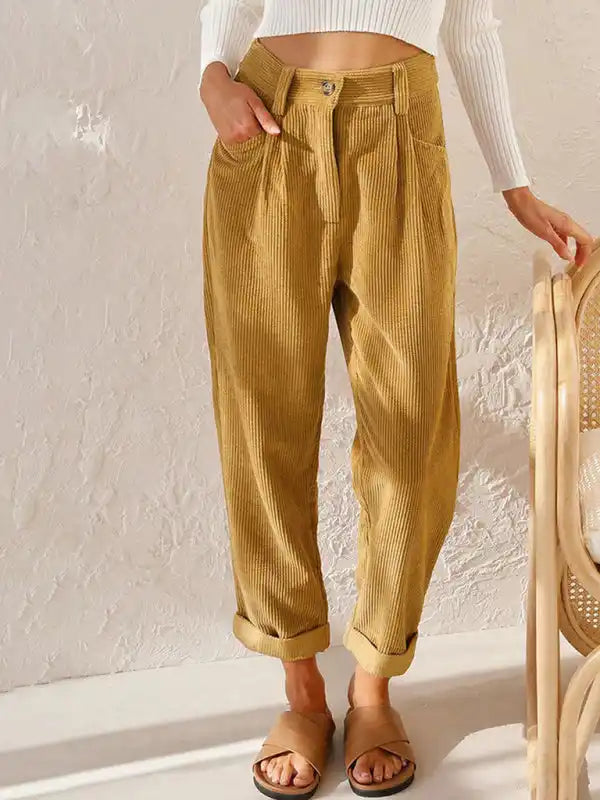 High Waist Lounge Pants Solid Color Corduroy Loose Straight Leg Trousers | AE&GStor
