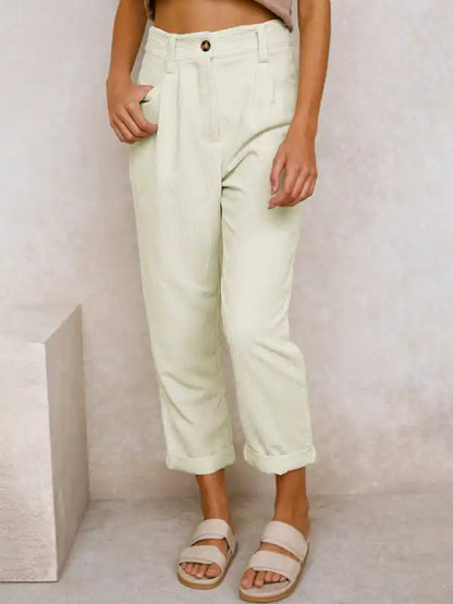 High Waist Lounge Pants Solid Color Corduroy Loose Straight Leg Trousers | AE&GStor