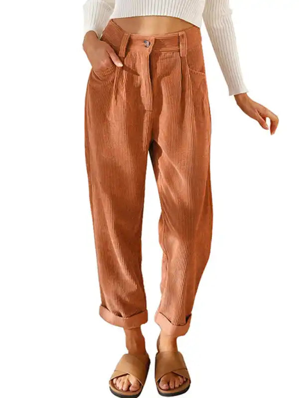 High Waist Lounge Pants Solid Color Corduroy Loose Straight Leg Trousers | AE&GStor