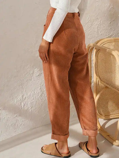 High Waist Lounge Pants Solid Color Corduroy Loose Straight Leg Trousers | AE&GStor