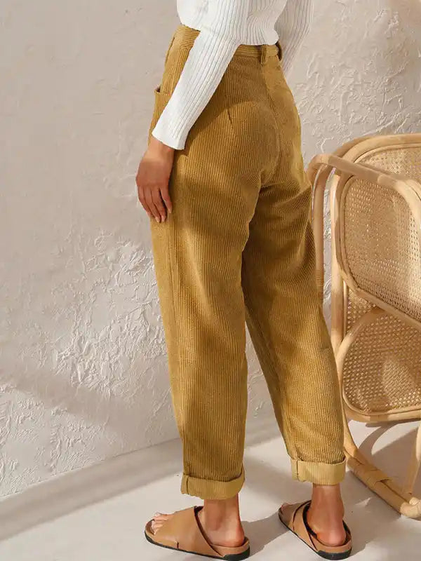 High Waist Lounge Pants Solid Color Corduroy Loose Straight Leg Trousers | AE&GStor