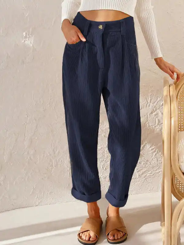 High Waist Lounge Pants Solid Color Corduroy Loose Straight Leg Trousers | AE&GStor