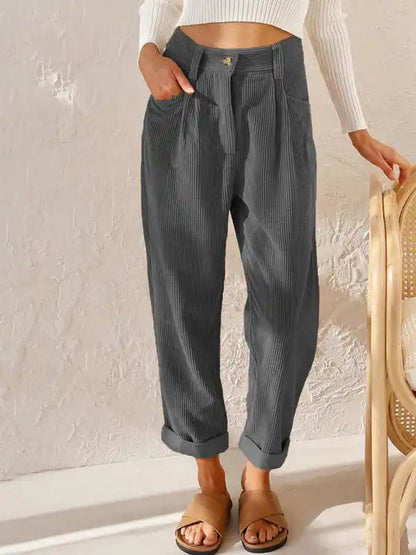 High Waist Lounge Pants Solid Color Corduroy Loose Straight Leg Trousers | AE&GStor