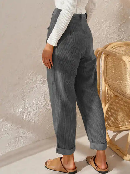 High Waist Lounge Pants Solid Color Corduroy Loose Straight Leg Trousers | AE&GStor