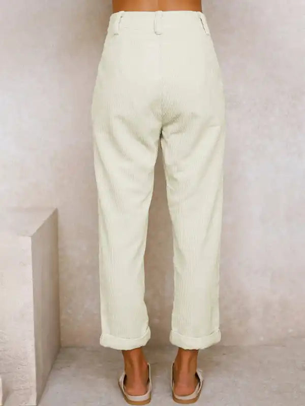 High Waist Lounge Pants Solid Color Corduroy Loose Straight Leg Trousers | AE&GStor