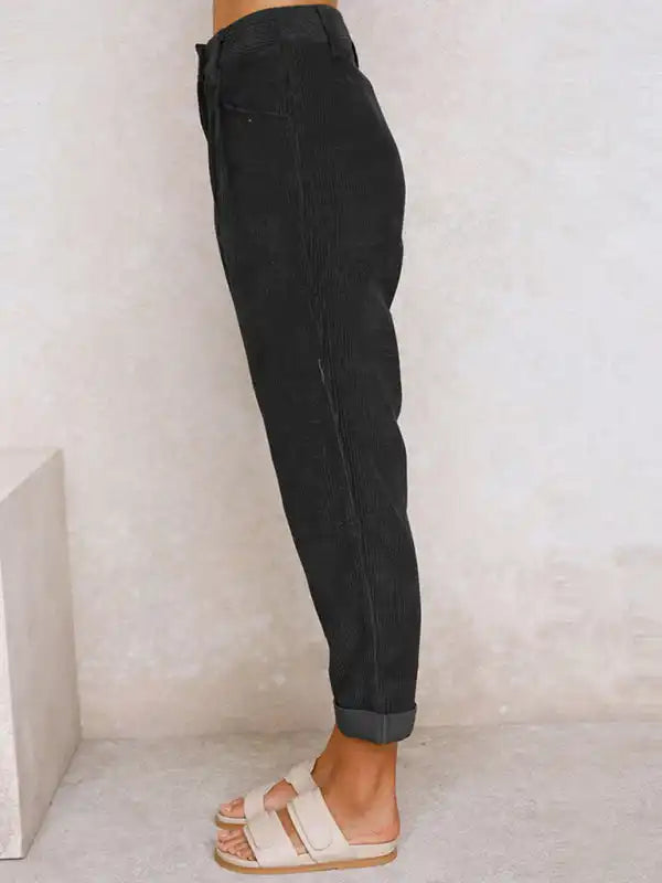 High Waist Lounge Pants Solid Color Corduroy Loose Straight Leg Trousers | AE&GStor