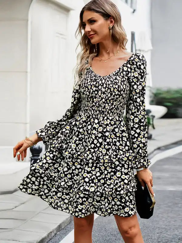 Holiday casual floral V-neck long-sleeved dress | AE&GStor