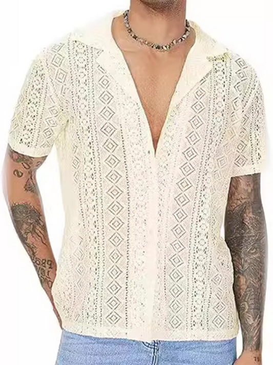 Nova moda renda floral botão oco transparente camisa de manga curta 