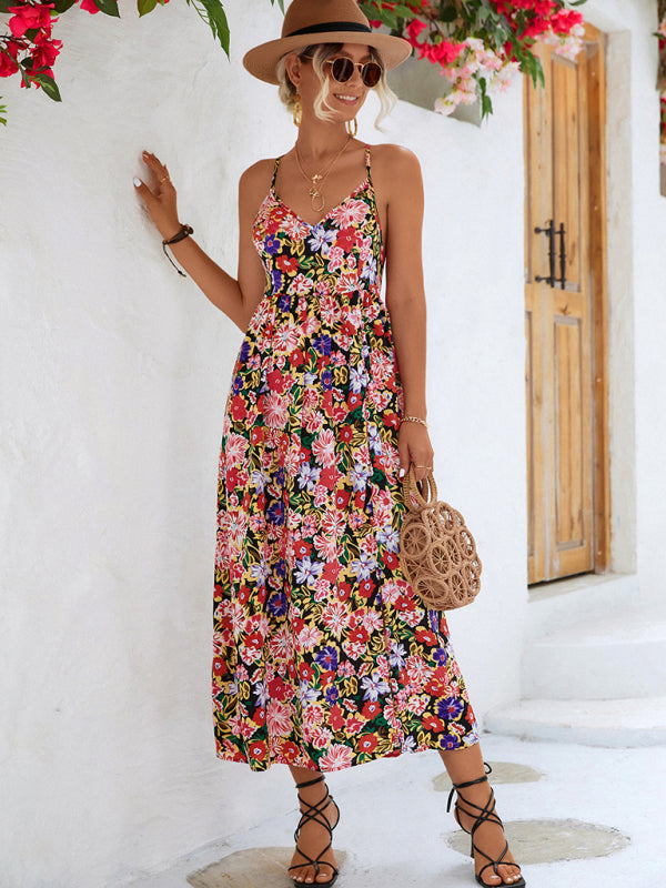 Women's Floral Backless Slit Slip Dress