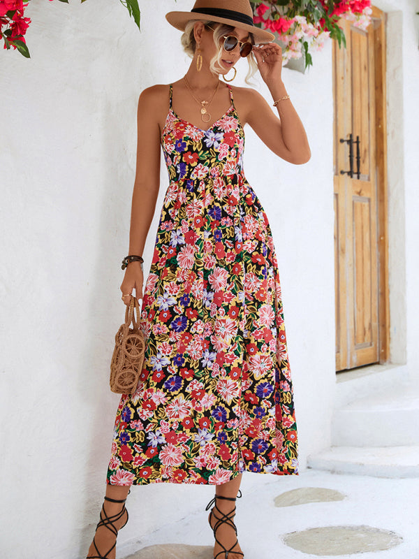 Vestido feminino floral sem costas com fenda