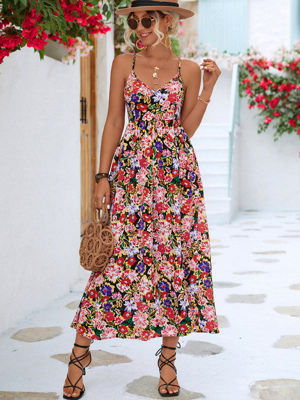 Vestido feminino floral sem costas com fenda