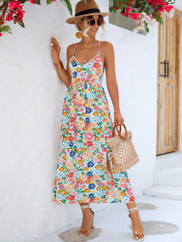 Women's Floral Backless Slit Slip Dress