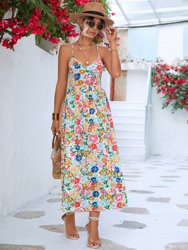 Vestido lencero con abertura floral y espalda descubierta para mujer