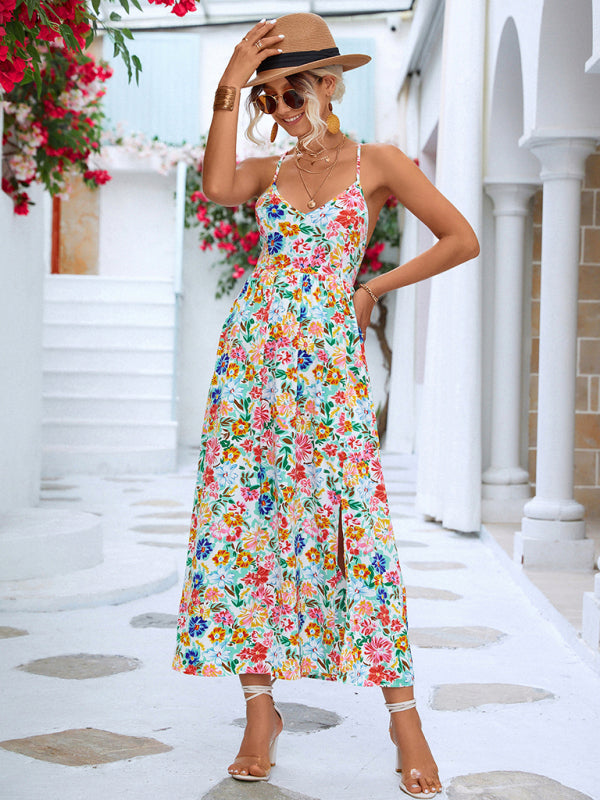 Vestido lencero con abertura floral y espalda descubierta para mujer