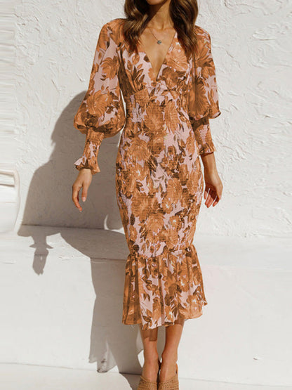 Modisches, elastisches, schmales Kleid mit V-Ausschnitt und sexy Print