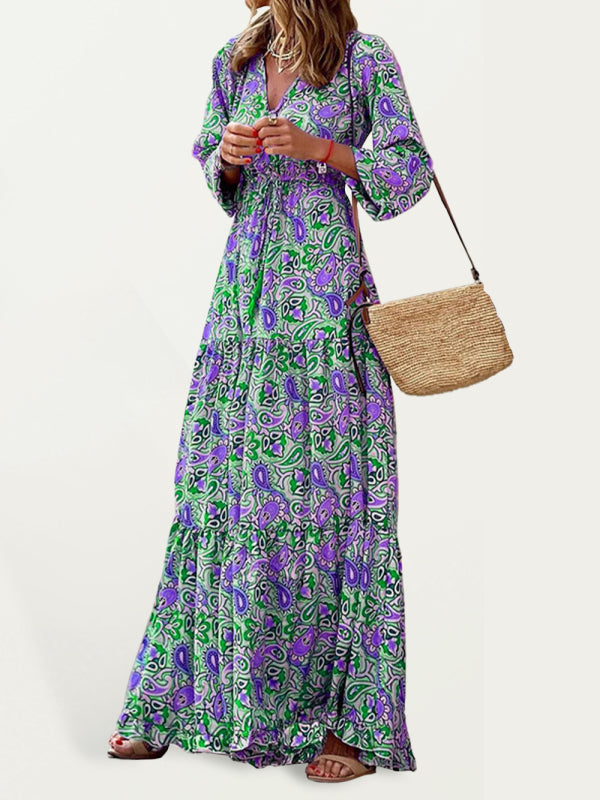 New temperament v-neck bohemian print swing dress