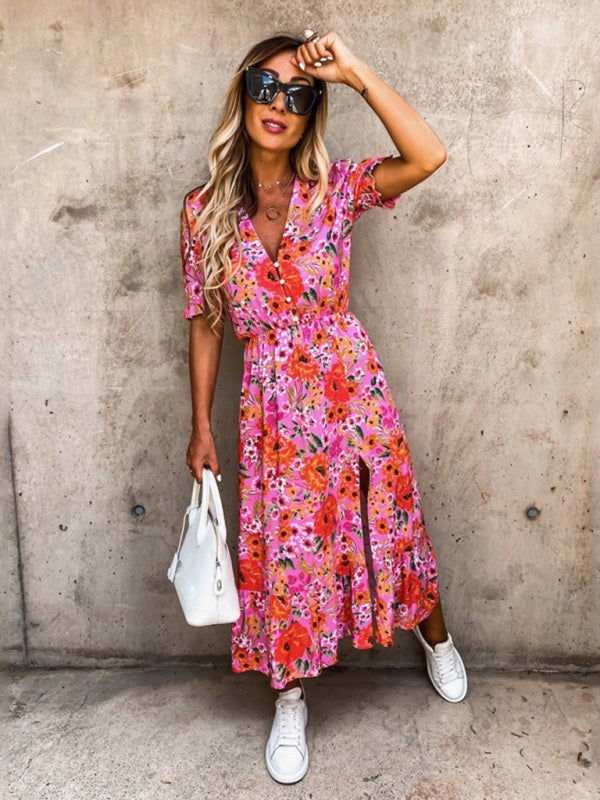 Robe à imprimé floral et col en V à manches courtes pour femmes