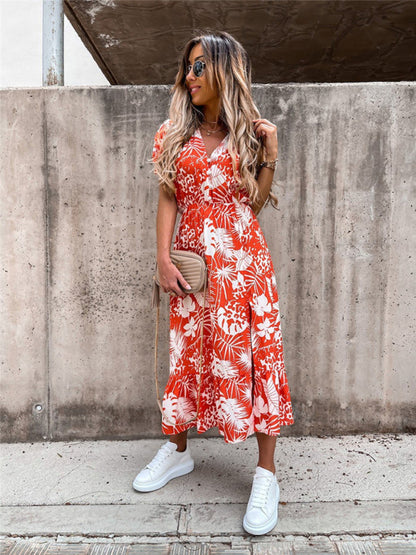 Robe à imprimé floral et col en V à manches courtes pour femmes