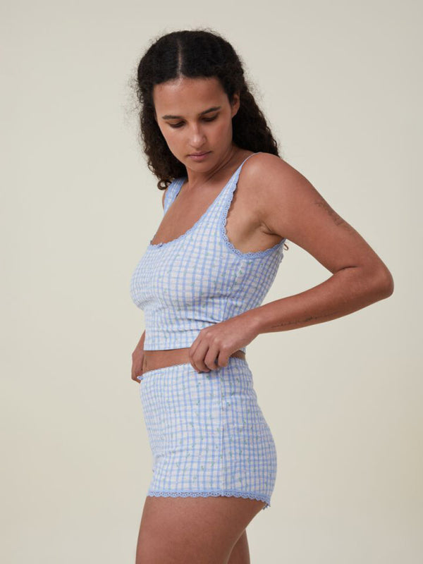 Women's lace print pullover midriff-baring tank top shorts set