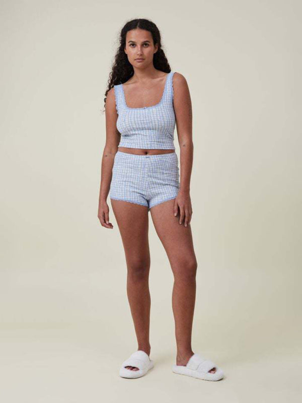 Women's lace print pullover midriff-baring tank top shorts set