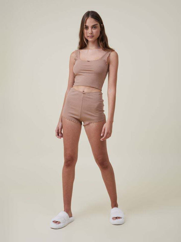 Damen-Pullover-Set mit bauchfreiem Tanktop und Shorts mit Spitzenmuster