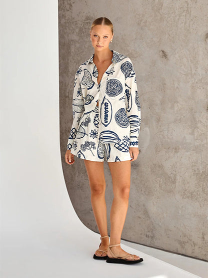 Women's New Casual Premium Fruit Print Shorts Cardigan Set