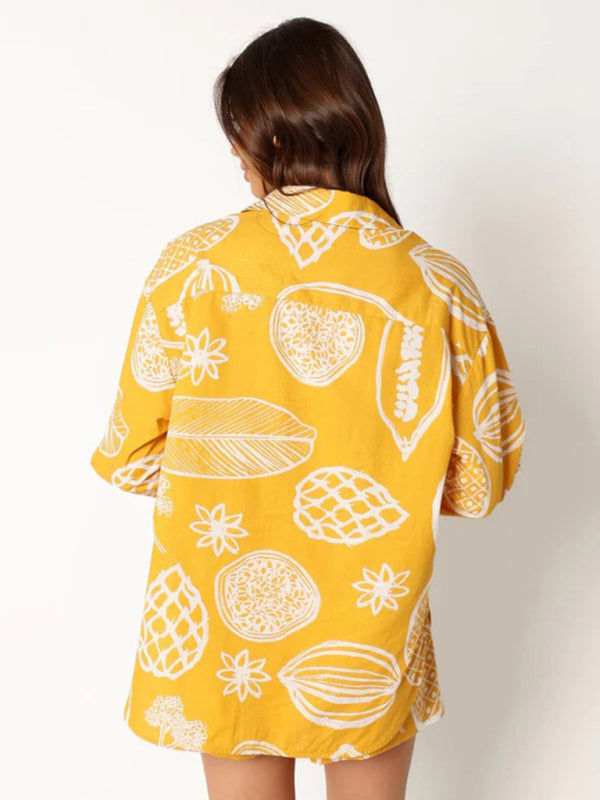Women's New Casual Premium Fruit Print Shorts Cardigan Set