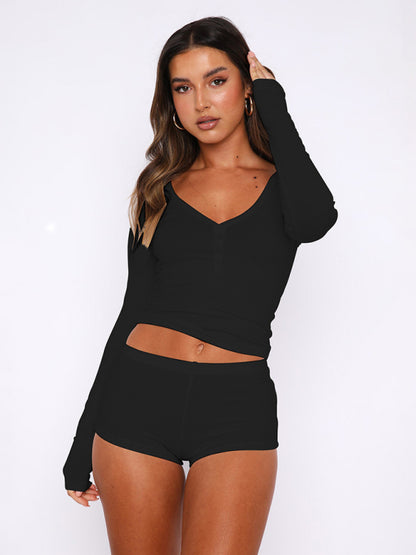 Women's knitted long-sleeved shorts 2-piece set